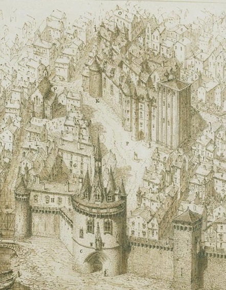 Behind Porte Cailhau, the Ombriere Palace in the XVI century by Lo Drouyn (Bordeaux Municipal Archives)